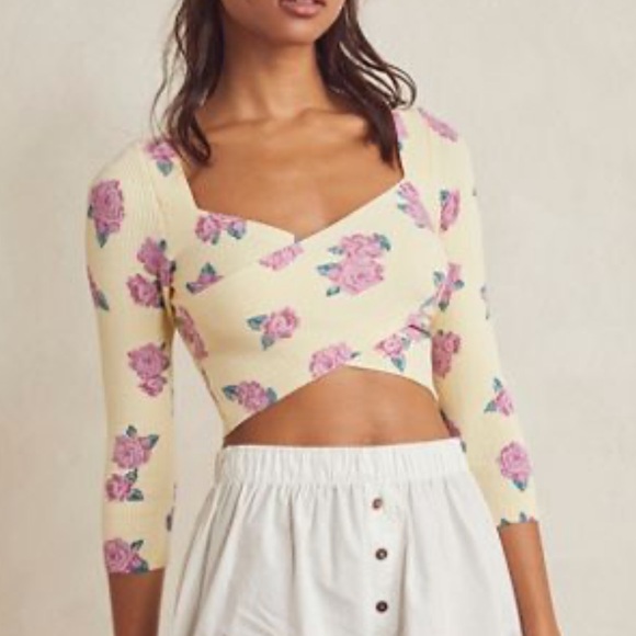 Free People Intimately Oh Hey Crop yellow ribbed pink flowers roses cross front - Picture 1 of 10